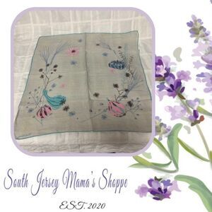 Vintage 1950s Jeanne Miller Pink & Teal Floral Gourds Handkerchief (L4)